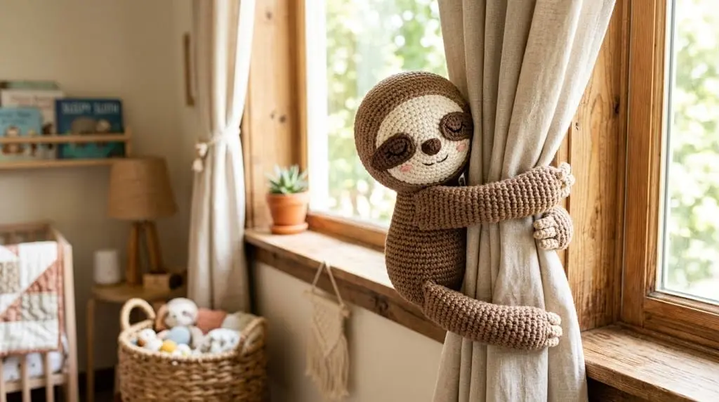 Imagem horizontal de um bicho preguiça amigurumi de crochê marrom e bege, dormindo enquanto abraça uma cortina de quarto infantil. Fundo iluminado com decoração boho aconchegante.
