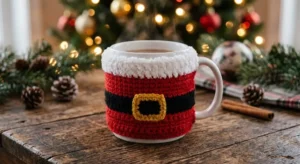 Caneca branca com uma capa de crochê de Natal vermelha imitando a roupa do Papai Noel, com cinto preto e fivela amarela, sobre uma mesa de madeira rústica.
