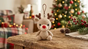 Enfeite de rena amigurumi de Natal em crochê, com nariz vermelho e chifres marrons, sobre uma mesa rústica com fundo iluminado por luzes natalinas.