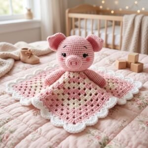 Imagem quadrada de uma naninha de porquinho em crochê rosa com mantinha e borda branca de conchas, em destaque em um ambiente infantil aconchegante.