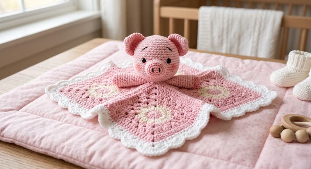 Naninha de porquinho em crochê rosa com mantinha em ponto quadrado e borda branca em relevo, apoiada sobre uma superfície macia de quarto infantil.